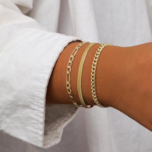 Gold Bracelet Set for Women Layered Chain Link Herringbone Adjustable Jewelry - Picture 2 of 7